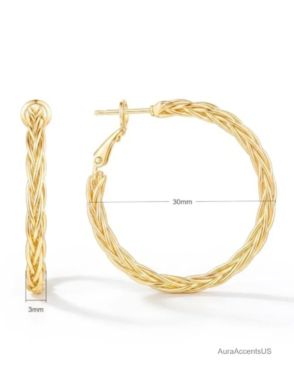 14K Gold Twisted Hoop Earrings for Women Fine Weave Hypoallergenic 30MM